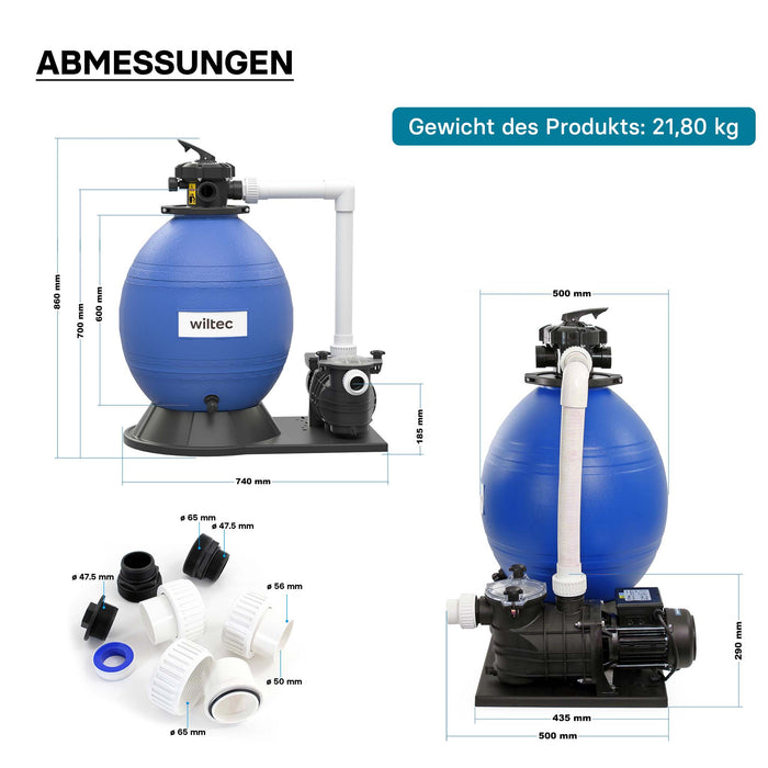 Filtro a sabbia per piscina, 750 W, serbatoio filtrante 71 l, pompa piscina autoadescante 20.000 l/h