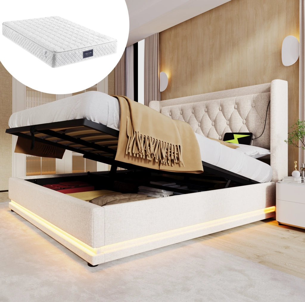 Letto contenitore ULEVR 140x200 cm beige in cotone con LED, USB e Type-C, testiera imbottita