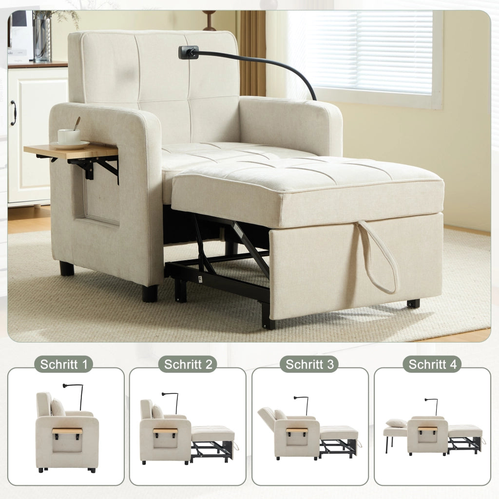 Poltrona letto convertibile con schienale reclinabile a 5 posizioni, tasche laterali e vassoio, in chenille beige
