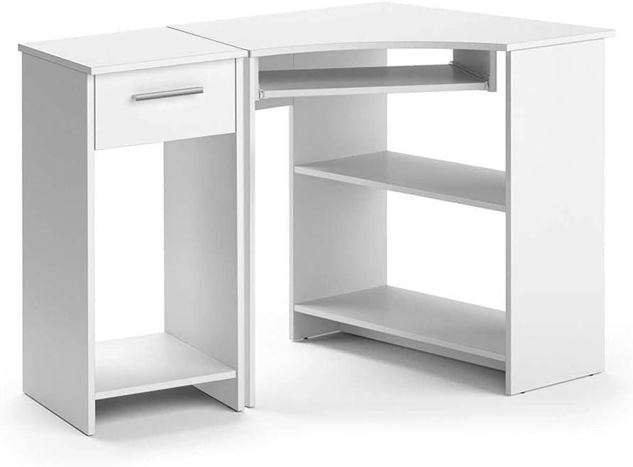 Scrivania angolare Odin, Bianco, 83 x 76 cm Set con armadio PC, con ripiano estraibile per tastiera e vano aperto per dispositivi