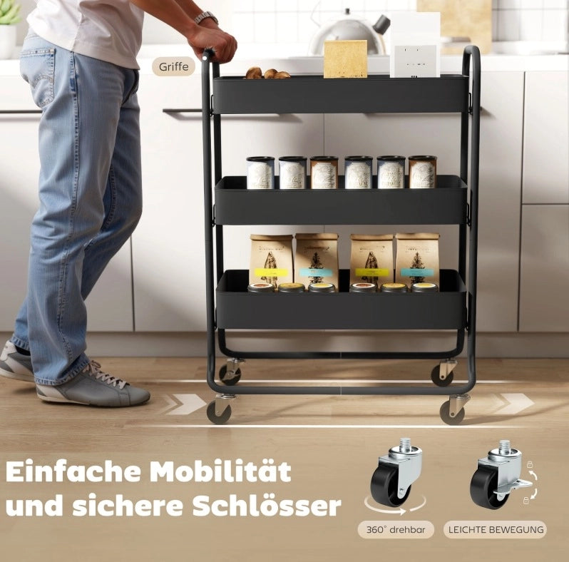 Carrello da cucina ULEVR 64,5x34x87 cm con 3 cestelli e 4 ruote, metallo nero