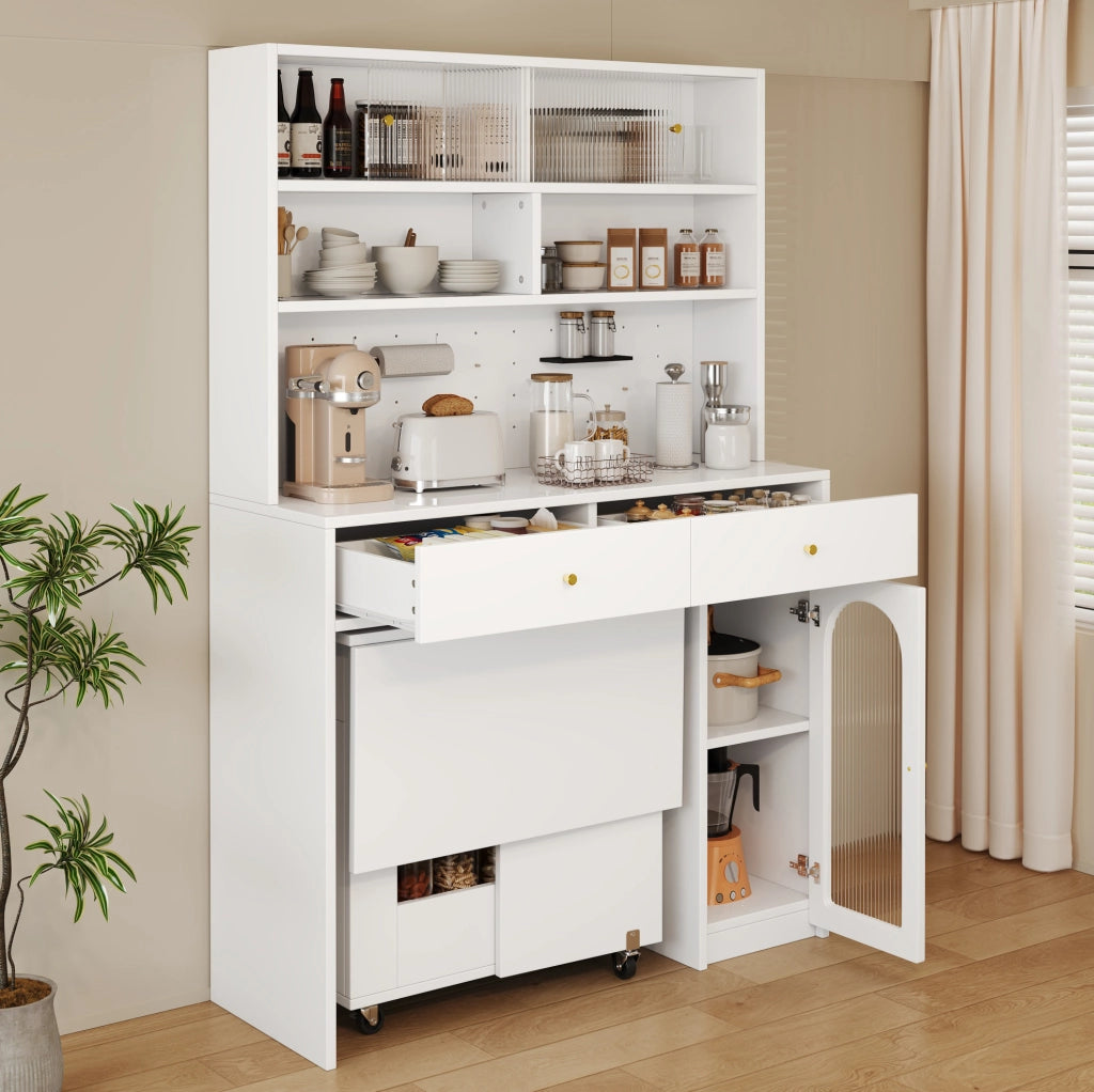 Credenza cucina 120x45x180 cm con piano di lavoro; ganci e 2 cassetti in MDF bianco