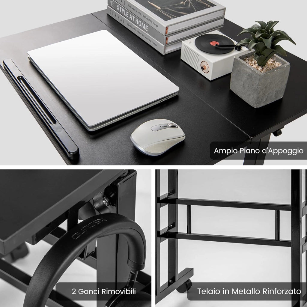 Scrivania per Computer Regolabile in Altezza, Scrivania Salvaspazio con Ruote e Ganci, Tavolo Porta PC per Studio e Ufficio, 60 x 60 x 72-124 cm (Nero)