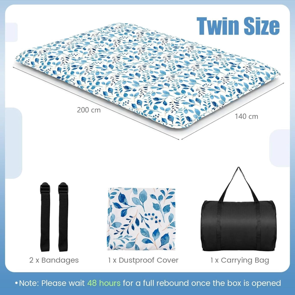 Futon - Materasso giapponese portatile 140 x 200 cm, imbottitura in cotone, materasso da terra pieghevole per 2 persone, borsa per il trasporto, fodera lavabile, 2 fasce, tatami pieghevole per