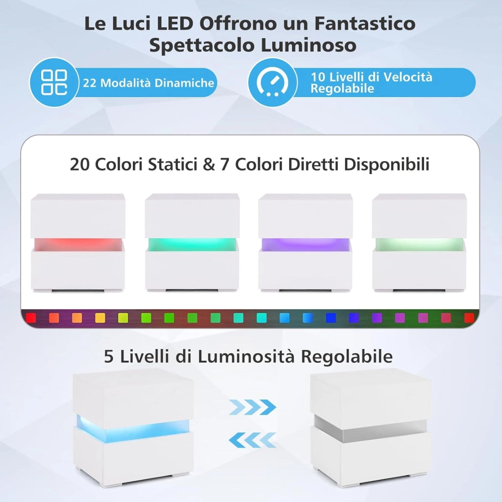 Tavolino a LED, Tavolino con Cassetto, Telecomando, 22 Modalità di Luce, 10 Velocità e 5 Luminosità, Comodino Moderno da Salotto e Camera da Letto (1, Bianco)