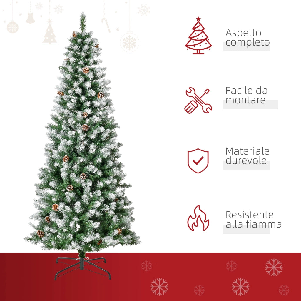 Albero di Natale Innevato da 180 cm con 630 Rami e 37 Pigne, in Plastica e Metallo, Verde e Bianco