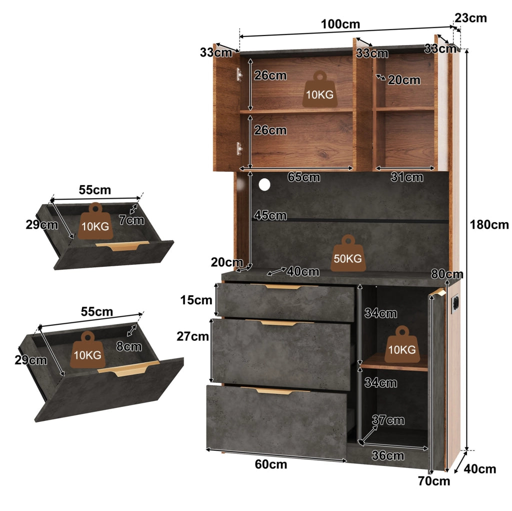 Credenza alta 100x40x180 cm con LED RGB, prese e USB in MDF naturale