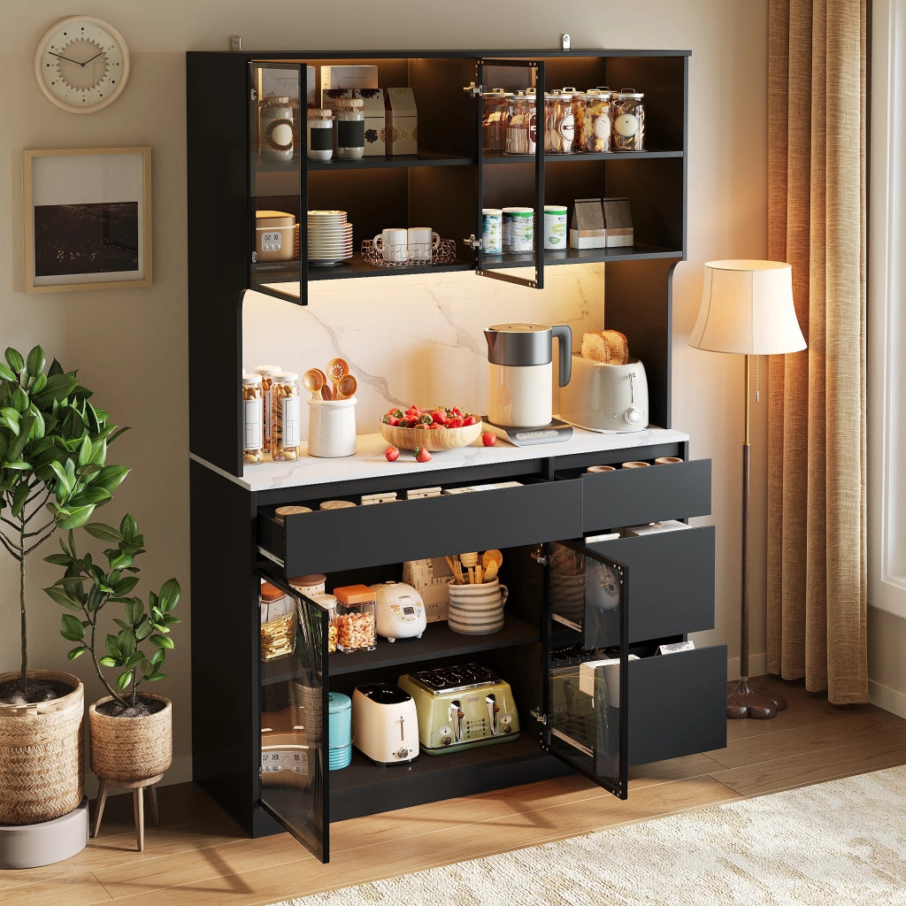 Credenza alta con LED e ante in vetro, cassetti e vani aperti, per soggiorno e sala da pranzo, 120 × 40 × 180 cm