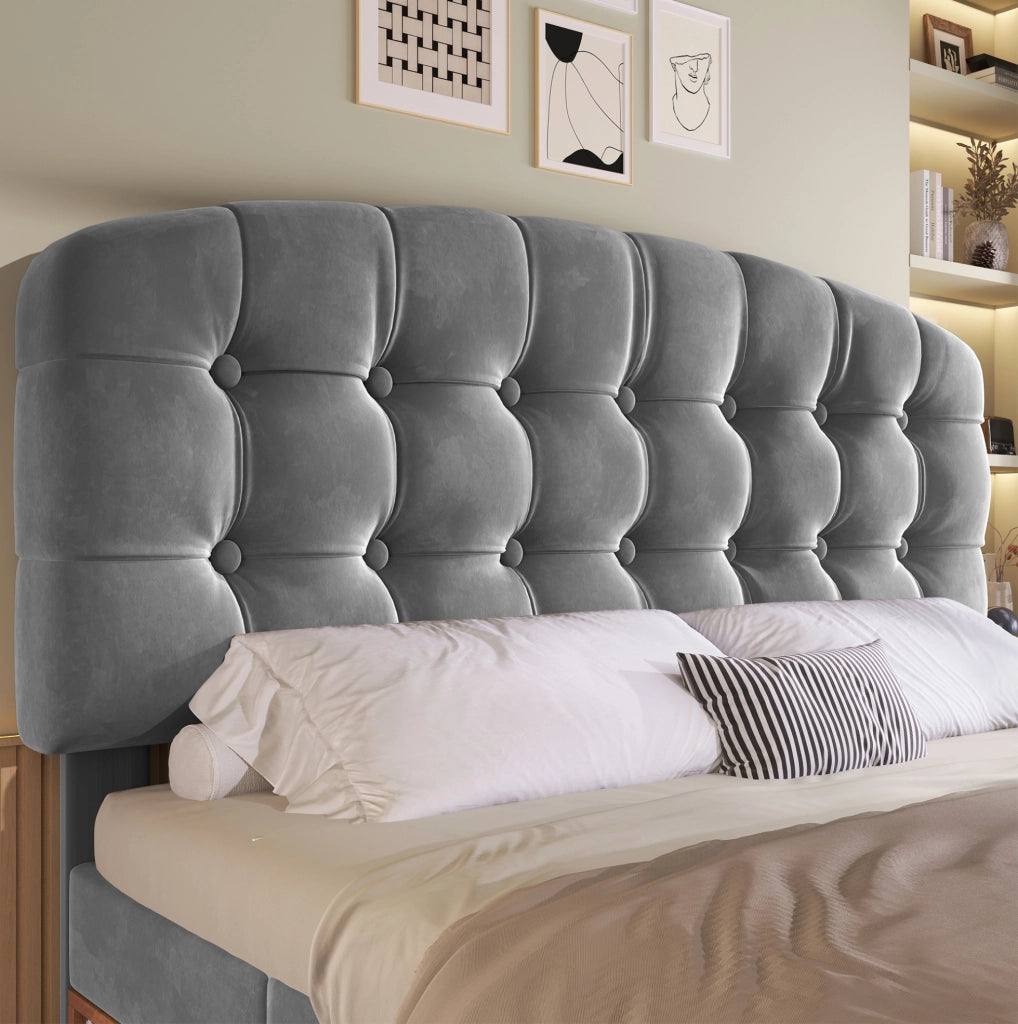 Letto imbottito 140x190 cm in velluto grigio con testiera regolabile; doghe; cassetti e vani contenitore