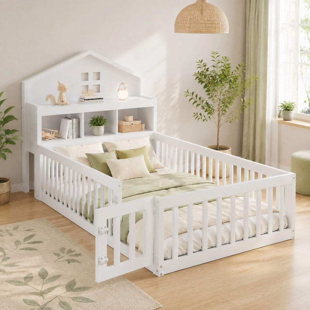 LETTO per bambini 90x200 cm in legno massello bianco con testiera portaoggetti