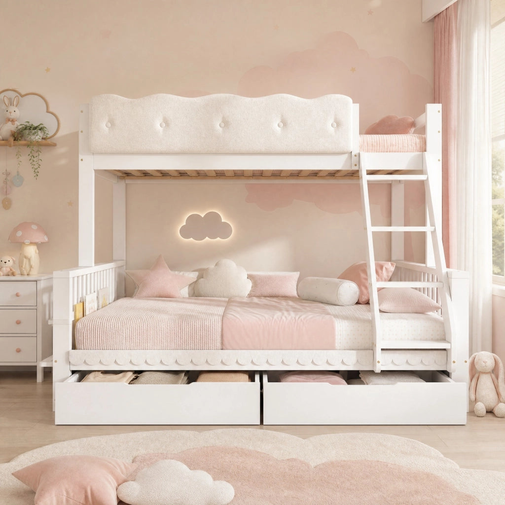 DESMIU Letto a castello 90 × 200 e 140 × 200 cm 2 posti con 2 cassetti e portariviste, senza materasso, bianco