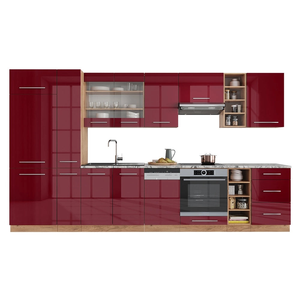 Cucina componibile Fame-Line Bordeaux lucido/Rovere dorato 355 cm, PL Marmo Vicco
