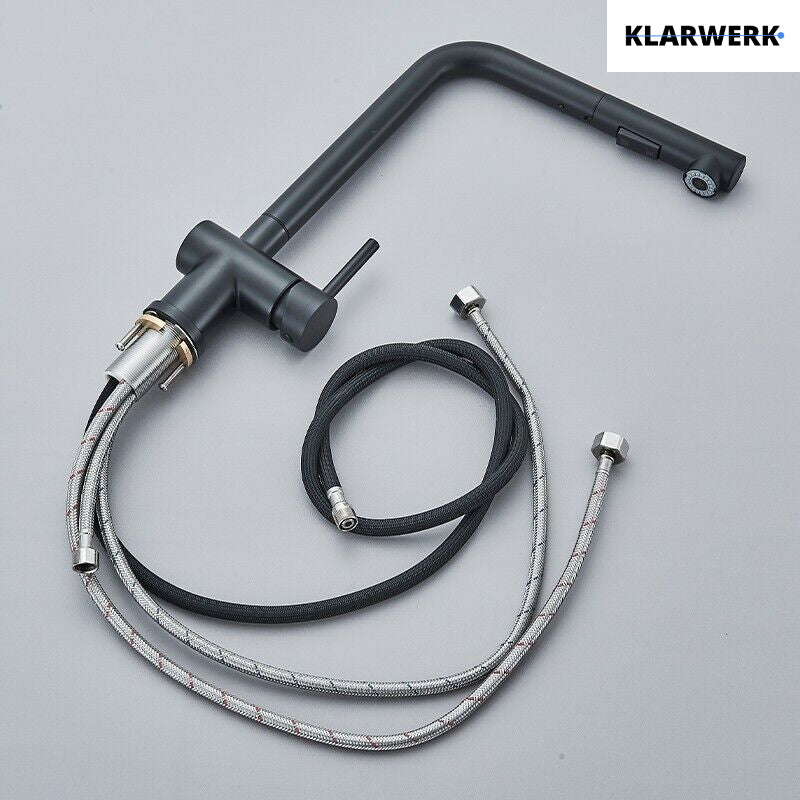 FELICE| Rubinetto da cucina estraibile Premium in acciaio inox nero opaco | Miscelatore canna dritta | Rubinetto gastro alta pressione 360° 2 attacchi