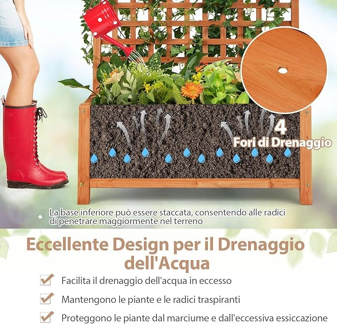 Fioriera da Esterno con Grigliato e Tettuccio, Fioriera in Legno da Interno Esterno con Fori di Scarico, Vaso con Spalliera per Piante Rampicanti Viti Fiori