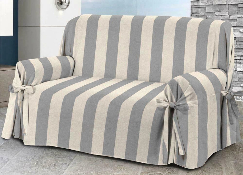 Copridivano Fodera Telo Protezione Divano Con Laccetti Fiocco Riga Larga Grigio - 3 Posti - Grigio