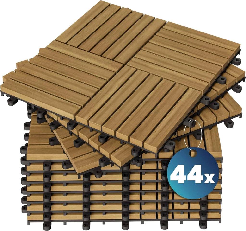 Casaria Piastrelle Legno Acacia 44pz Certificato FSC® Mattonelle 4m² ad Incastro 30x30cm Esterno Mosaico Quattro