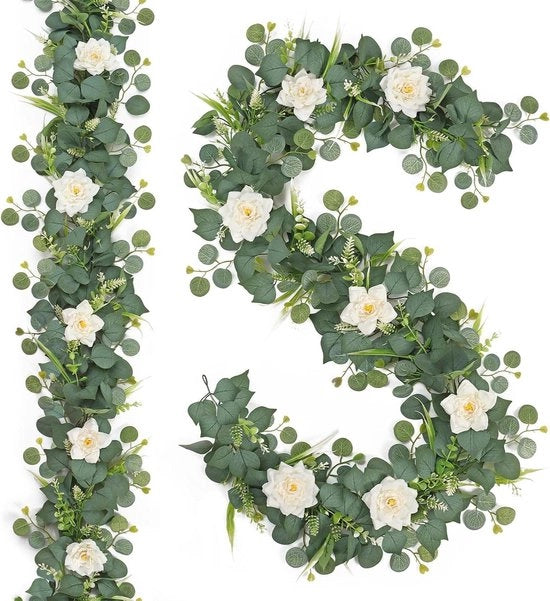 Set di 2 Slinger per Fiori di Eucalipto Artificiale - Decorazione per Matrimonio - 38 m - Utilizzo Indoor e Outdoor - Fiori Bianchi - Slinger per Viti - Decorazione per Casa e Giardino