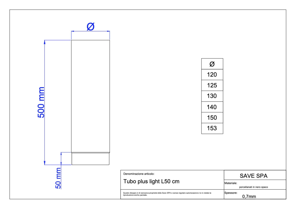 TUBO PER STUFA A LEGNA 'PLUS LIGHT' Ø 120x500 mm - SAVE