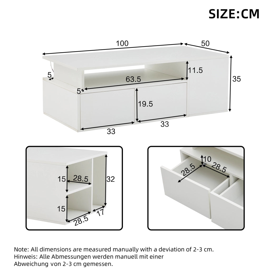 Tavolino da salotto bianco lucido 100 x 50 x 35 cm con LED; 2 cassetti e ripiani
