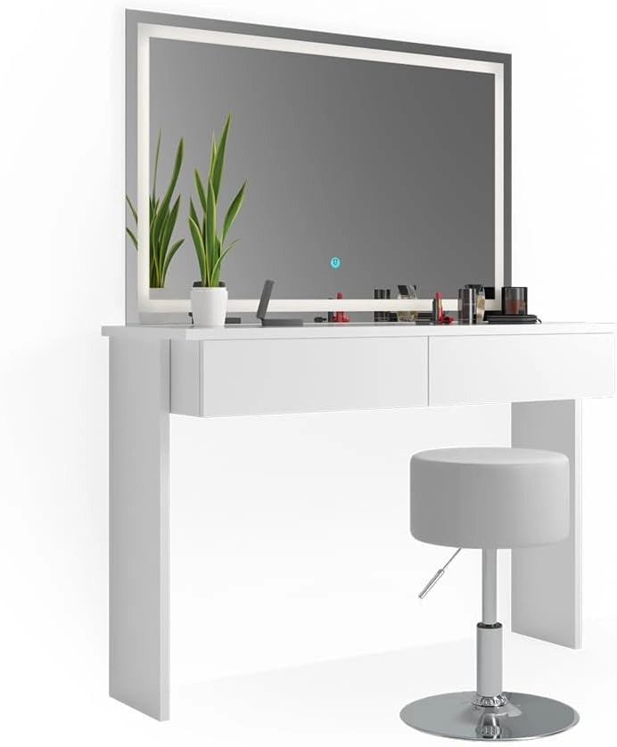 Tavolo da toeletta Azur, Bianco, 120 cm con specchio e sgabello a LED, Due cassetti scorrevoli per organizzare subito palette, pennelli e gioielli