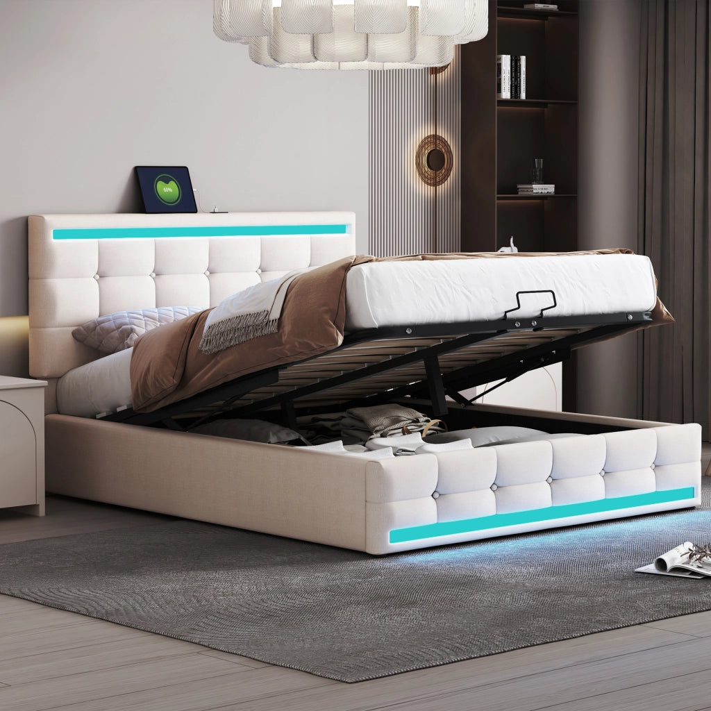 Letto imbottito con LED, 2 USB, contenitore e testiera regolabile, 140x200 cm, lino beige