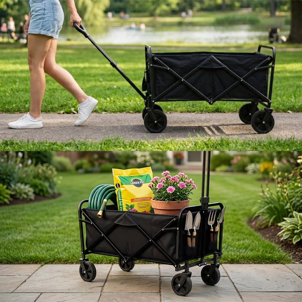 Carrello Portatutto Pieghevole con Ruote per Spesa, Pellet, Spiaggia, Campeggio e Giardino, Wagon Multiuso Grande Capacità 80 kg