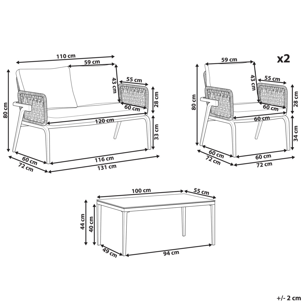 Set Divano da Esterno Grigio per 4 Persone Struttura in Alluminio Divano Poltrone con Cuscini in Tessuto Tavolino Design Moderno