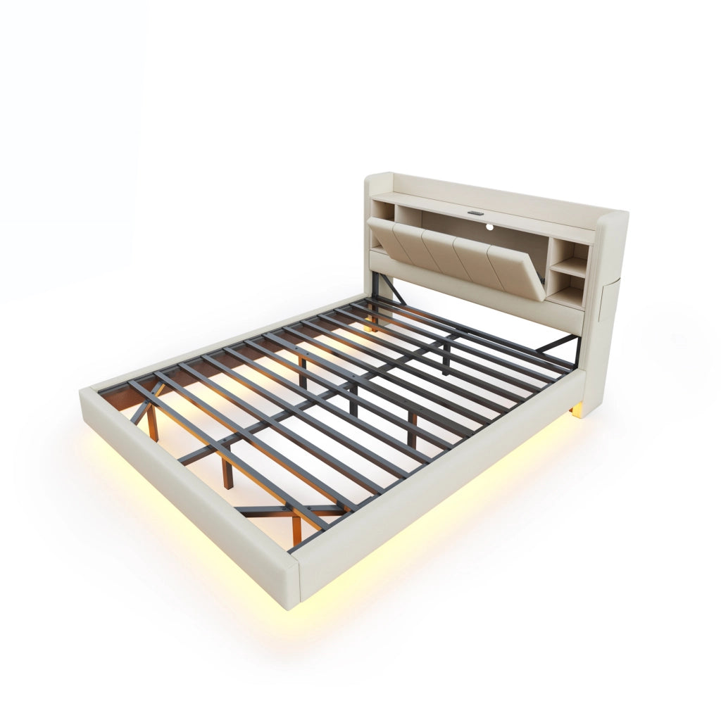 Letto imbottito 140x200 cm con LED; porta USB e ripiani in lino beige