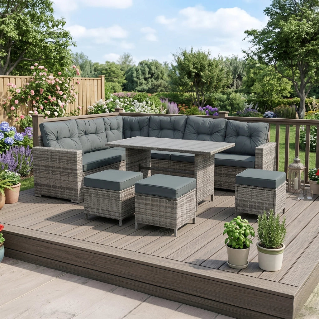 Set Angolare Rattan Giardino 9 Posti Grigio Tavolo Cuscini Impermeabili