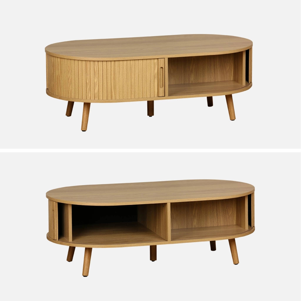 Tavolino scandinavo effetto legno scanalato 2 ante scorrevoli, marrone