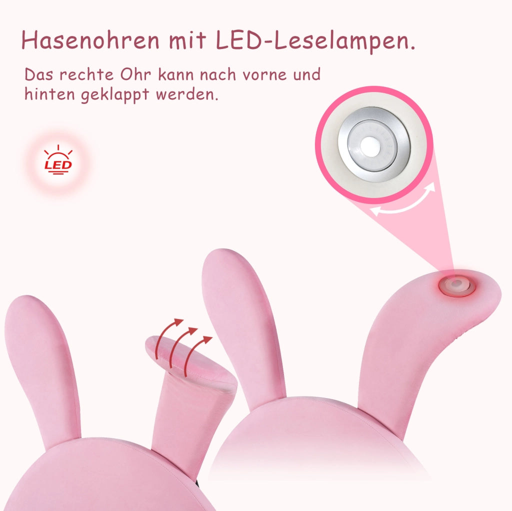 Letto imbottito 90x200 cm con 2 panche contenitore; LED e orecchie pieghevoli; velluto rosa
