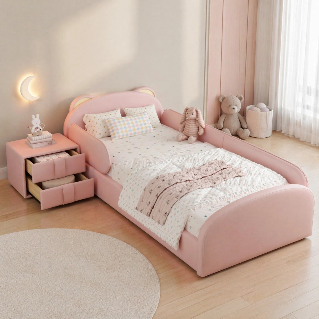 DESMIU Letto bambini 90 × 200 cm con testiera orso, comodino coordinato, senza materasso, in PU, rosa