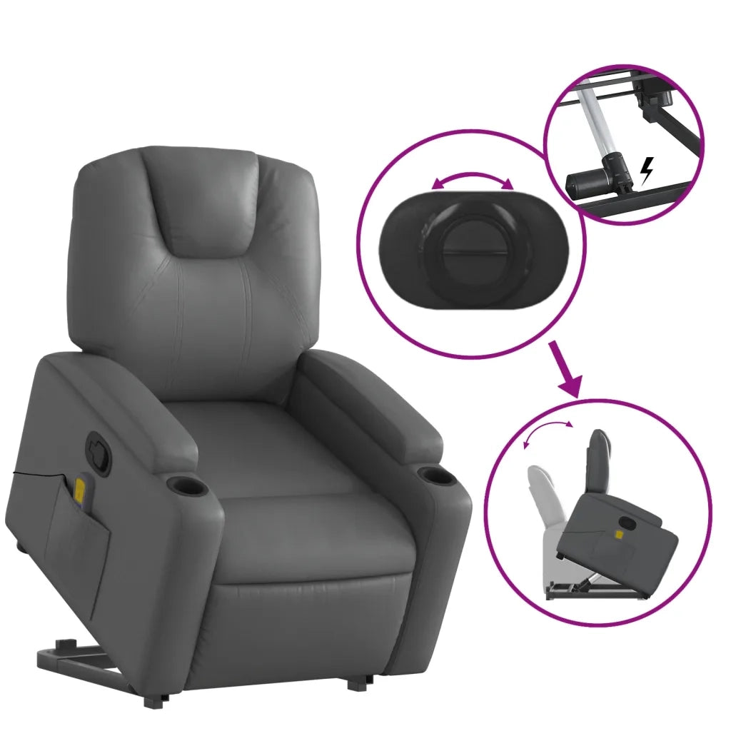 Poltrona | Sedia Relax Alzapersona Reclinabile Massaggio Grigio Similpelle