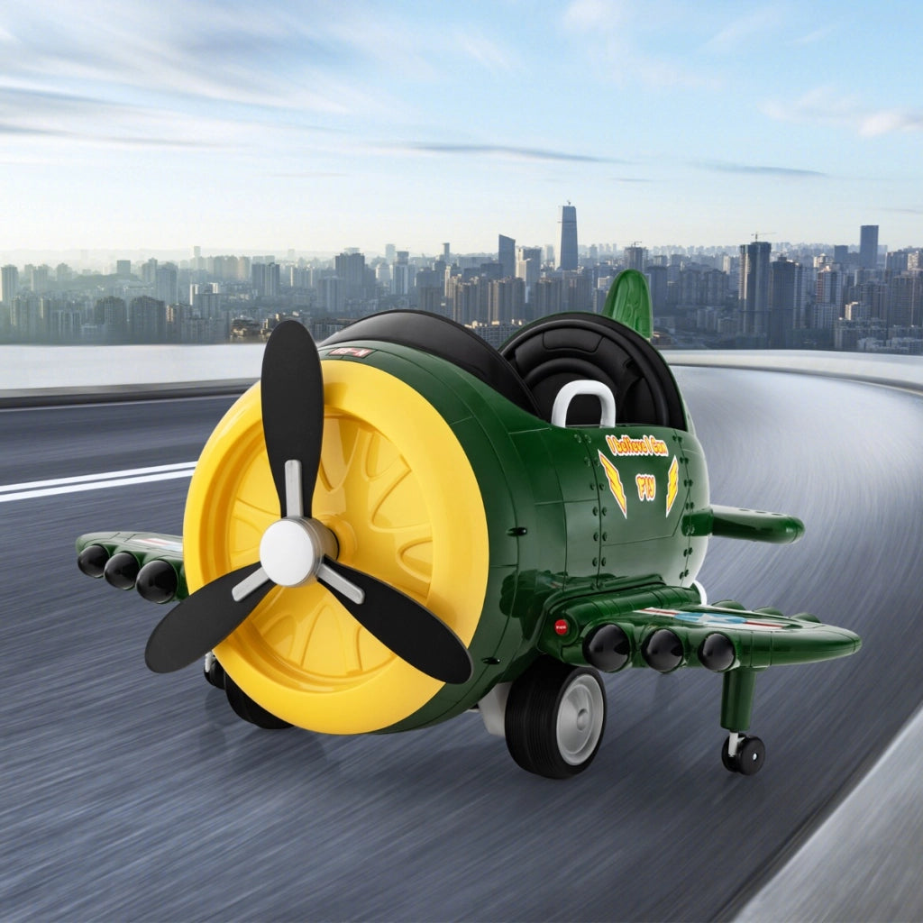 Auto giocattolo elettrica a forma di aereo per bambini, Aeroplano con joysticks e telecomando alare pieghevole Verde-Macchinine giocattoli