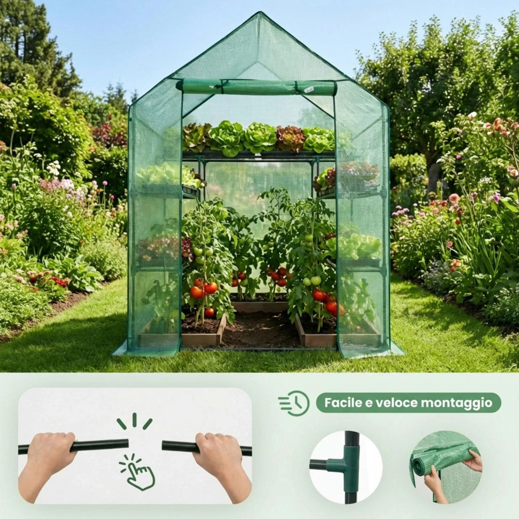 Mini serra da giardino a casetta con struttura in metallo e telo in PE con ripiani 1 porta Verde 143x73x195 cm