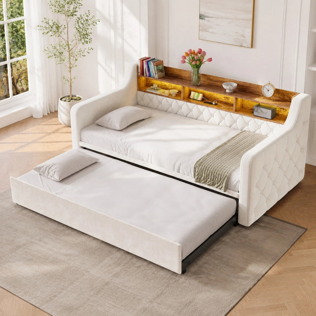 Letto a Divanetto 90x190 cm; con testiera portaoggetti; LED; USB e Type-C in Velluto Beige