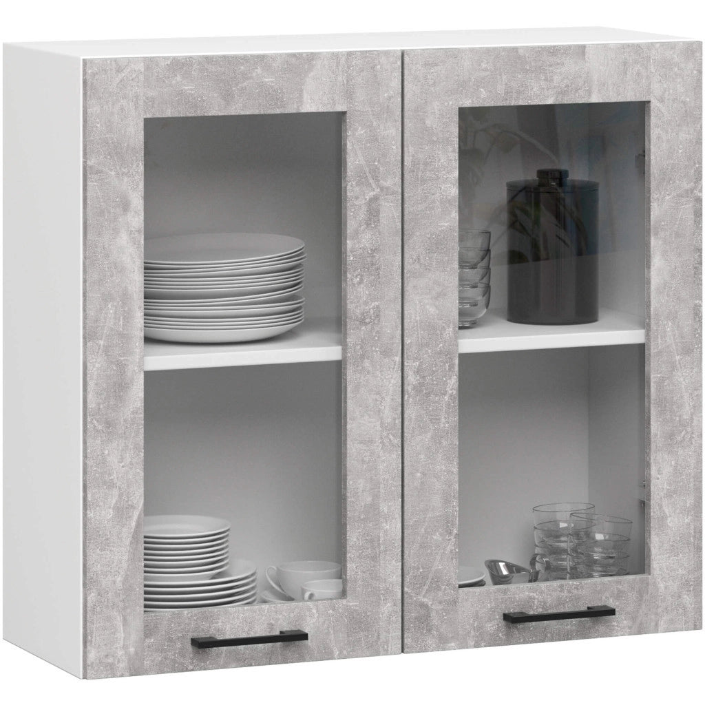 Set da cucina con vetrina AKORD OLIWIA 2,4 m Bianco 240 cm 11 ante 1 cassetto frontale Cemento 240×46×203 cm