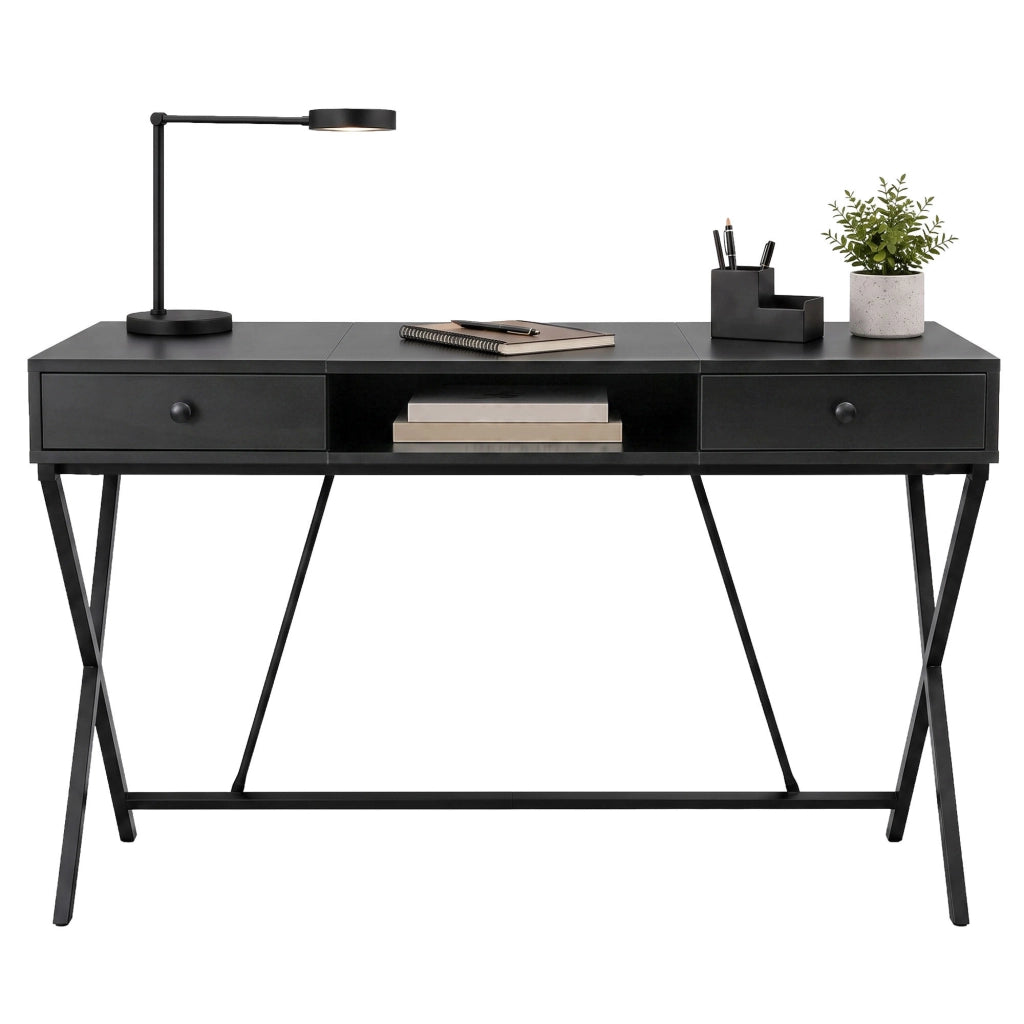 Scrivania PC industriale Nero CROSSLINE 120 cm 2 cassetti 1 ripiano gambe nere