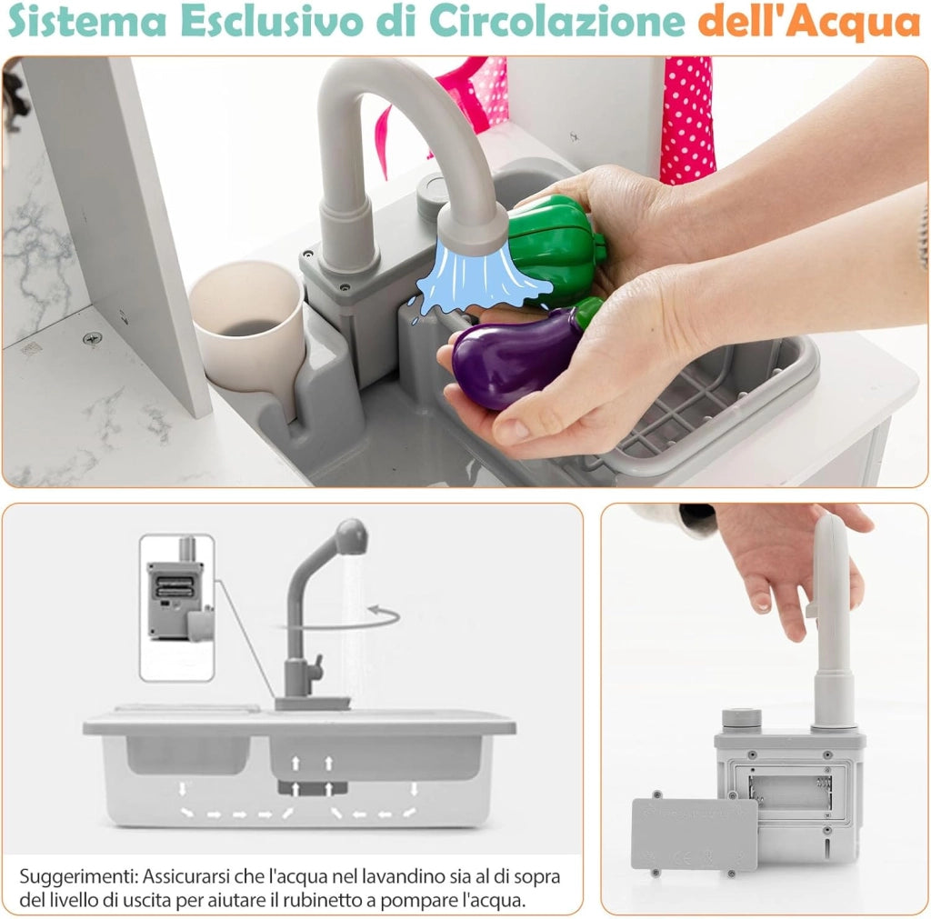 Set di Cucina Giocattolo per Bambini, con Luci e Suoni, Cappa Aspirante illuminata, Fornelli, Forno a Microonde, Distributore d'acqua e Lavatrice, Ideale per Bambini 3 Anni+ (Grigio)