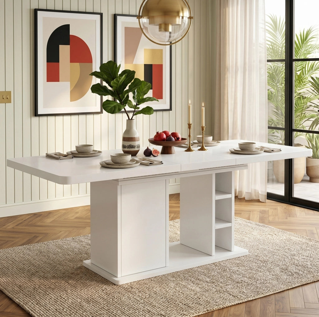 Tavolo da pranzo allungabile 140/180x80 cm con contenitore in MDF bianco