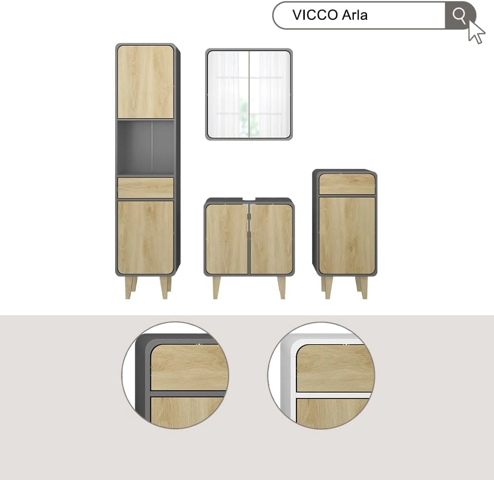Set di mobili da bagno Arla, Antracite/quercia, 60 cm, composto da mobile lavabo, pensile a specchio, colonna e base media