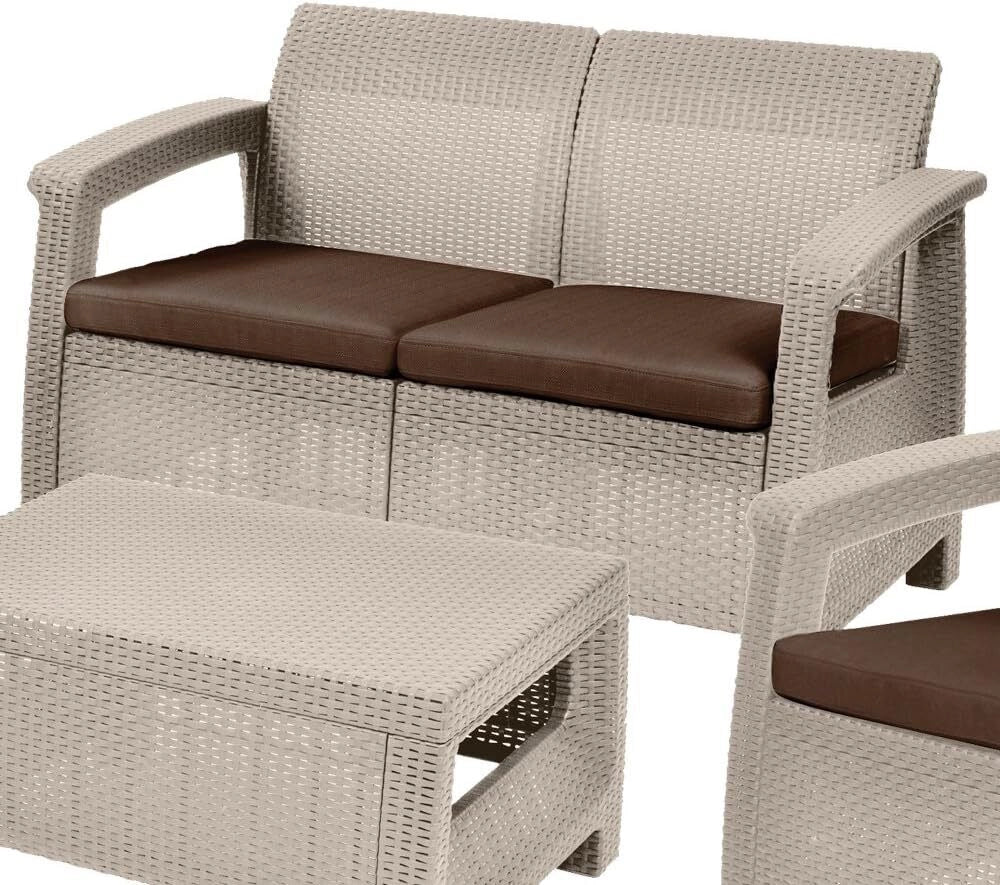 Keter Corfu Lounge Set con Cuscini Poltrone 75x70x79h Divano 128x70x79h Tavolino Aperto 77x57x42h Cappuccino