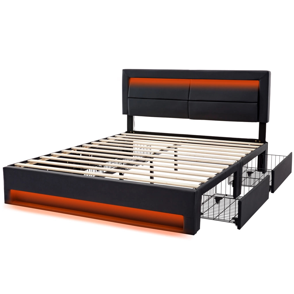 Letto Matrimoniale 140x190 cm; USB; LED e 4 Cassetti con Rete a Doghe in PU; Nero