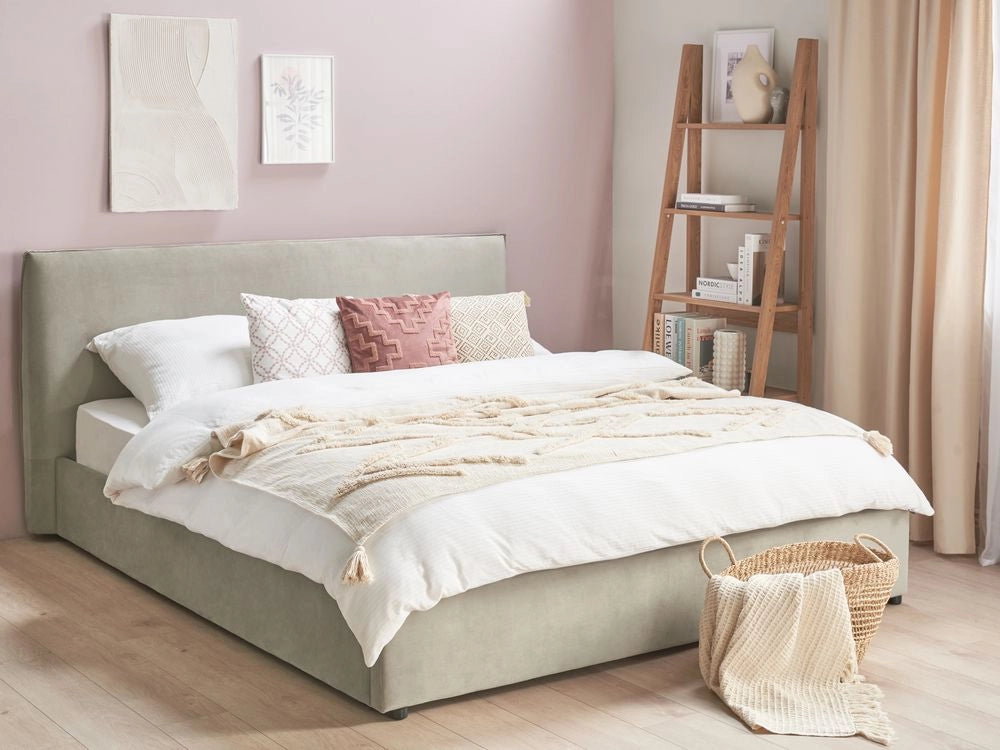Letto con rivestimento in velluto grigio talpa UE King Size 180x200cm Grande testata classica contenitore Doghe in legno