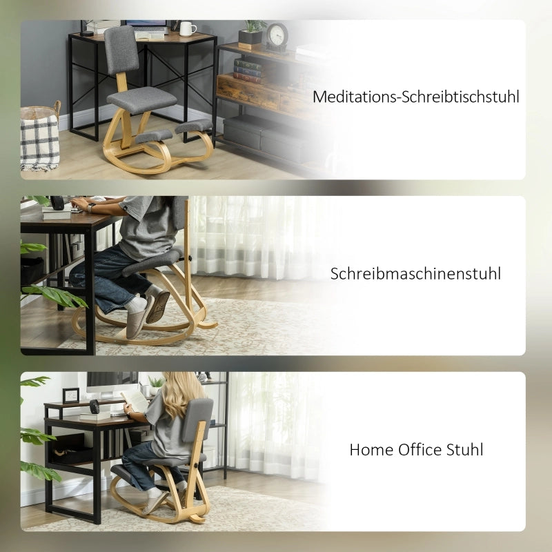 Sedia ergonomica inginocchiata con schienale e base oscillante in legno di betulla e poliestere grigio