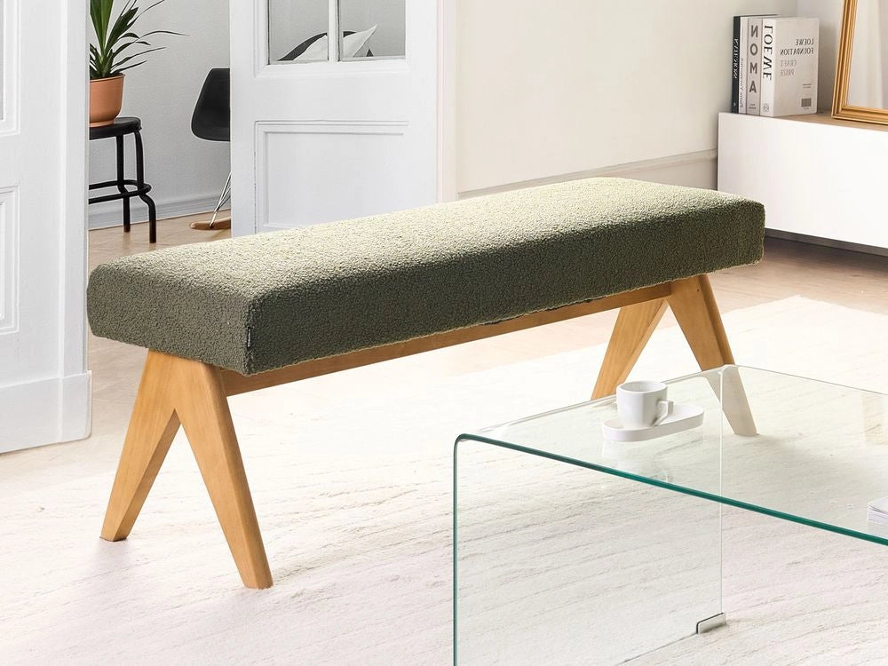 Panca Boucle Verde e marrone chiaro con gambe in legno imbottite Panca per corridoio e panca da letto