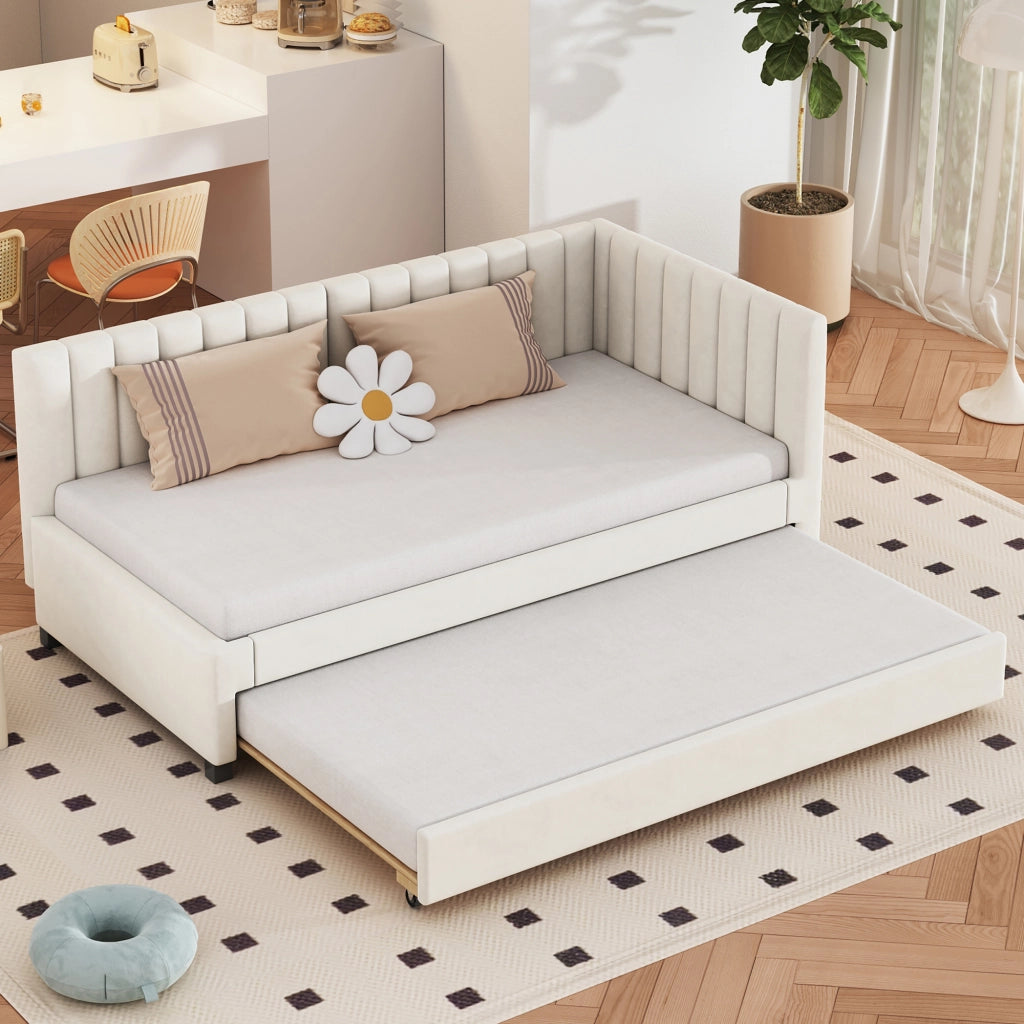 OKWISH Letto a Divano 90×200 cm, Letto Singolo con Letto Estraibile, Testiera Imbottita e Rete a Doghe, senza Materasso, Beige