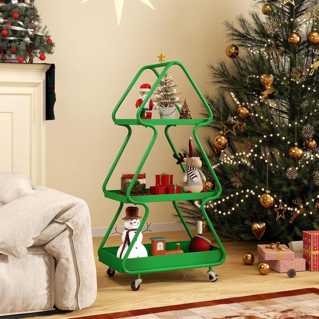Carrello Natalizio Girevole a 3 Livelli, Carrello Porta Albero di Natale con Stella in Alto, Struttura Metallica con Ruote, per Soggiorno e Camera da Letto