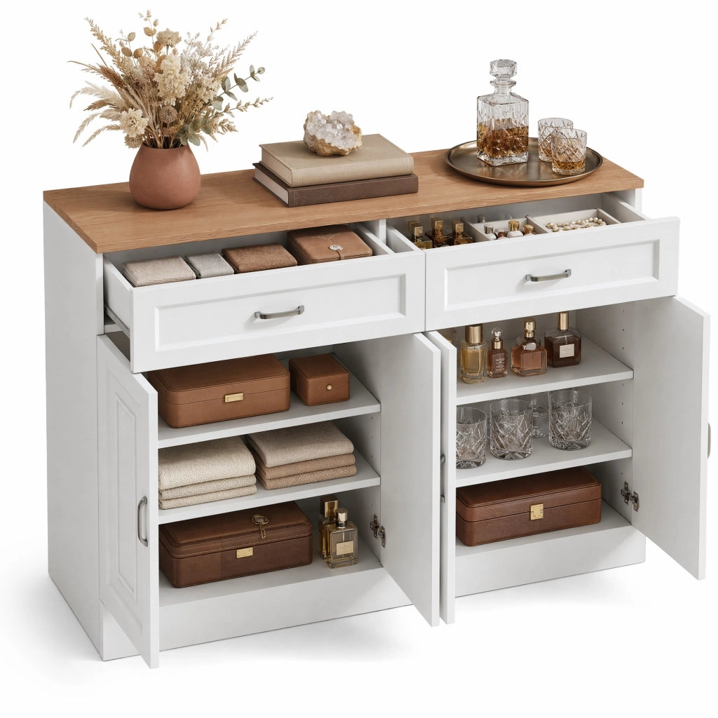 Credenza con 4 ante e 2 cassetti; ripiani regolabili; 120 x 35 x 80;5 cm; bianca