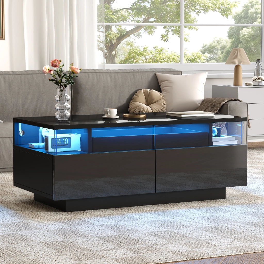 Tavolino da caffè con 2 cassetti; vassoio estraibile e LED - per soggiorno - 90×45×35.5 cm - nero